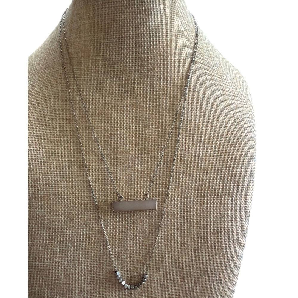 Silver‎ Tone Double Strand Layered Necklace White Druzy Bar and Beaded Accent